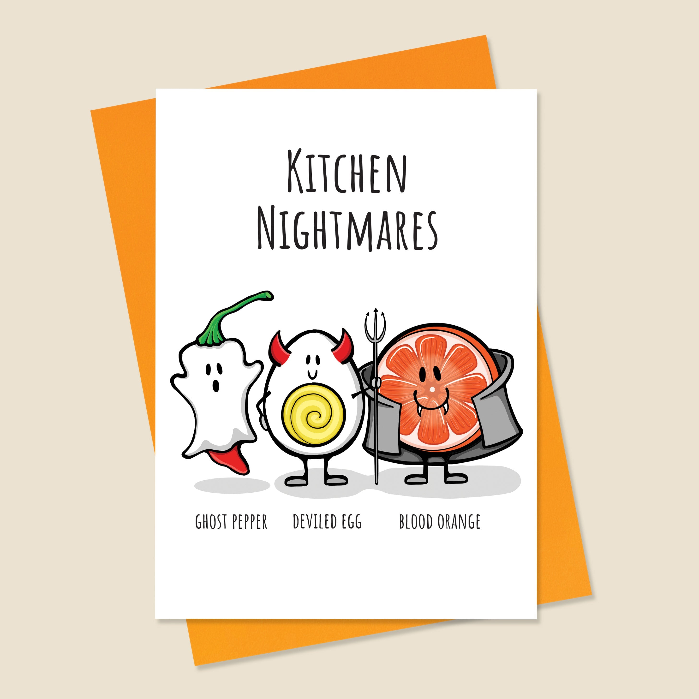Card with cartoon food characters and 'Kitchen Nightmares' text on a beige background