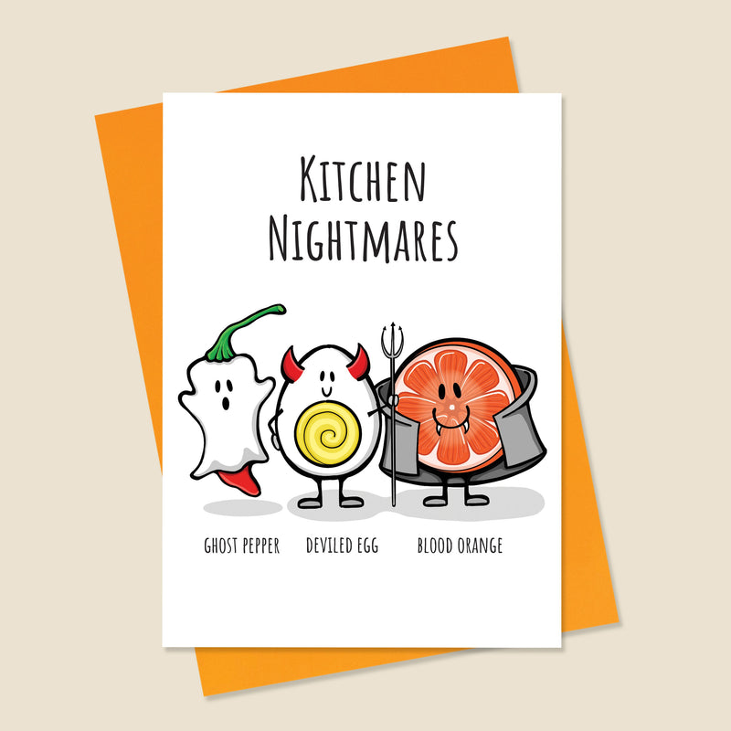 Card with cartoon food characters and 'Kitchen Nightmares' text on a beige background