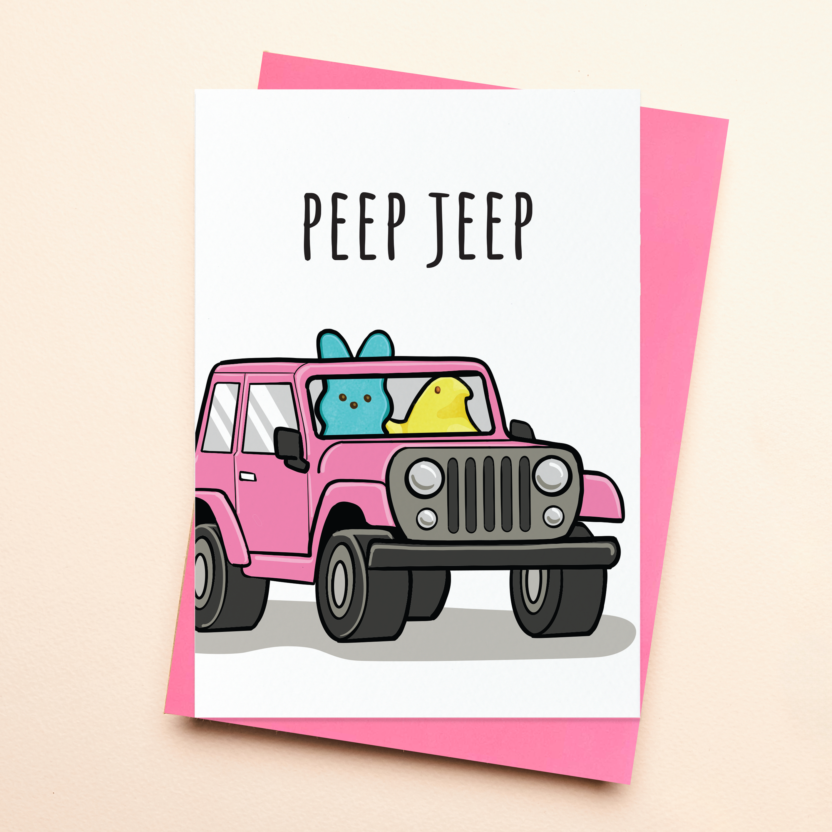 Card with pink jeep and cartoon ducks on a beige background