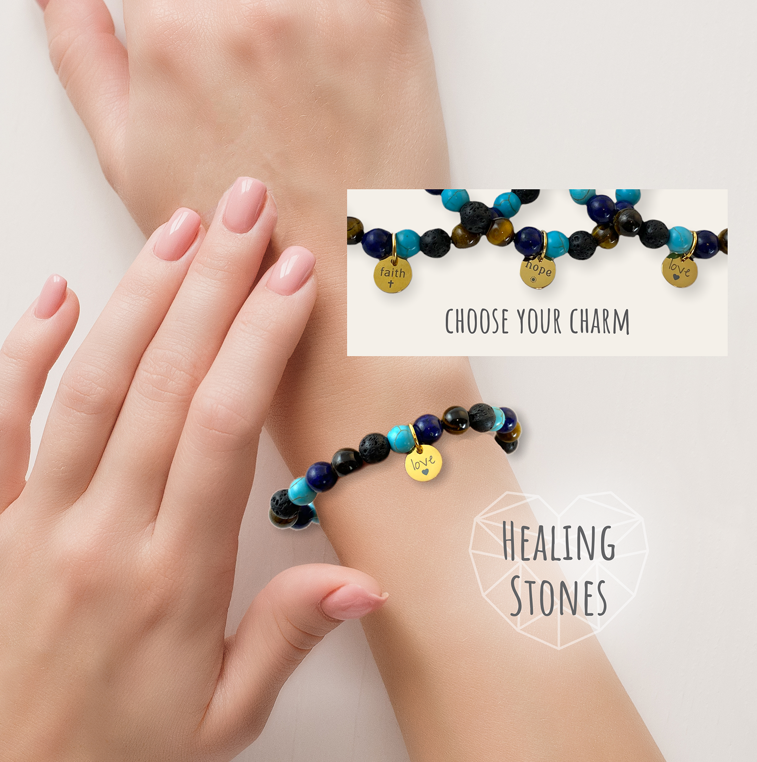 Bracelet with healing stones on a wrist, with a hand holding it up.