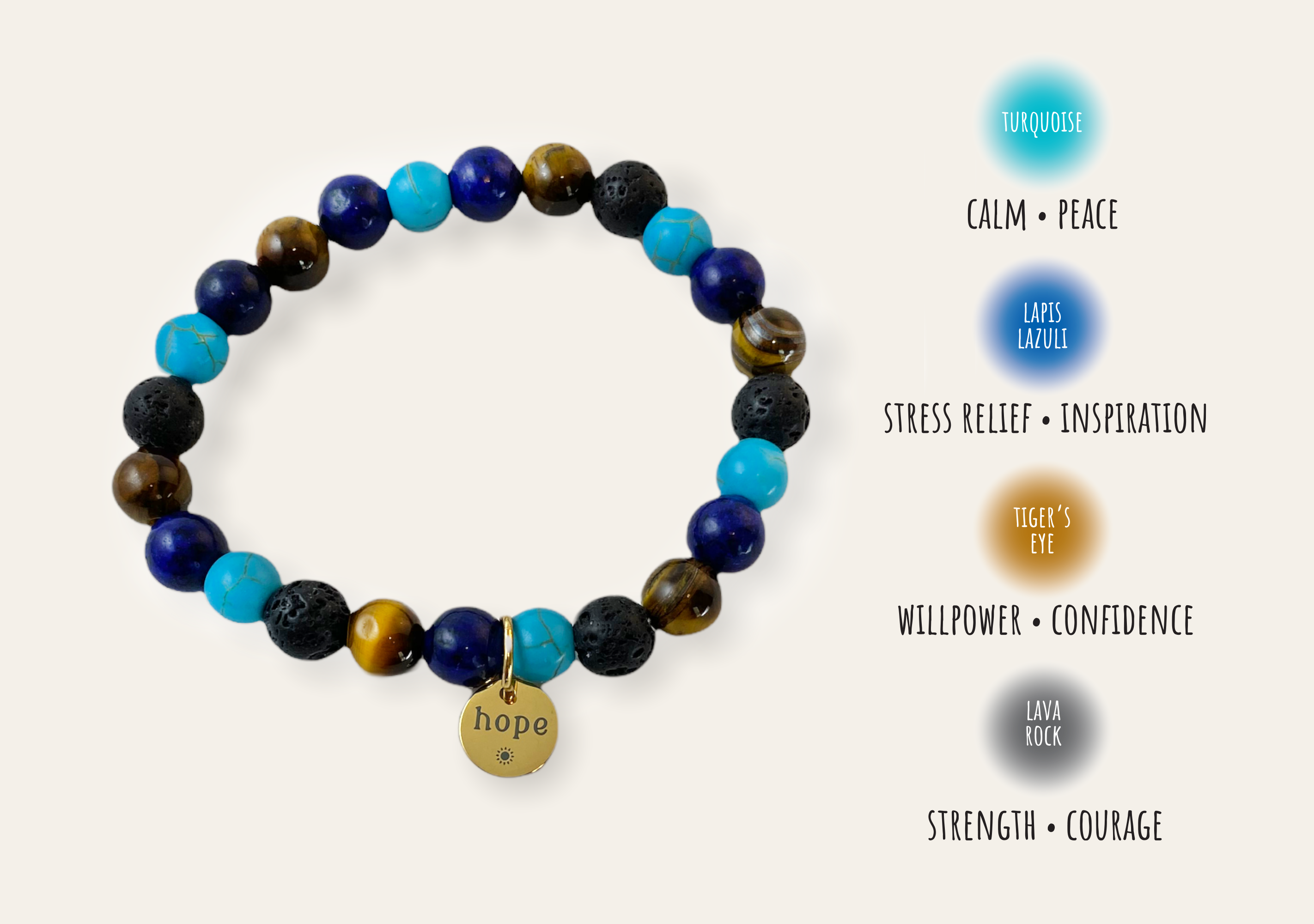 Multicolored beaded bracelet with a 'hope' charm on a white background, featuring color meanings.