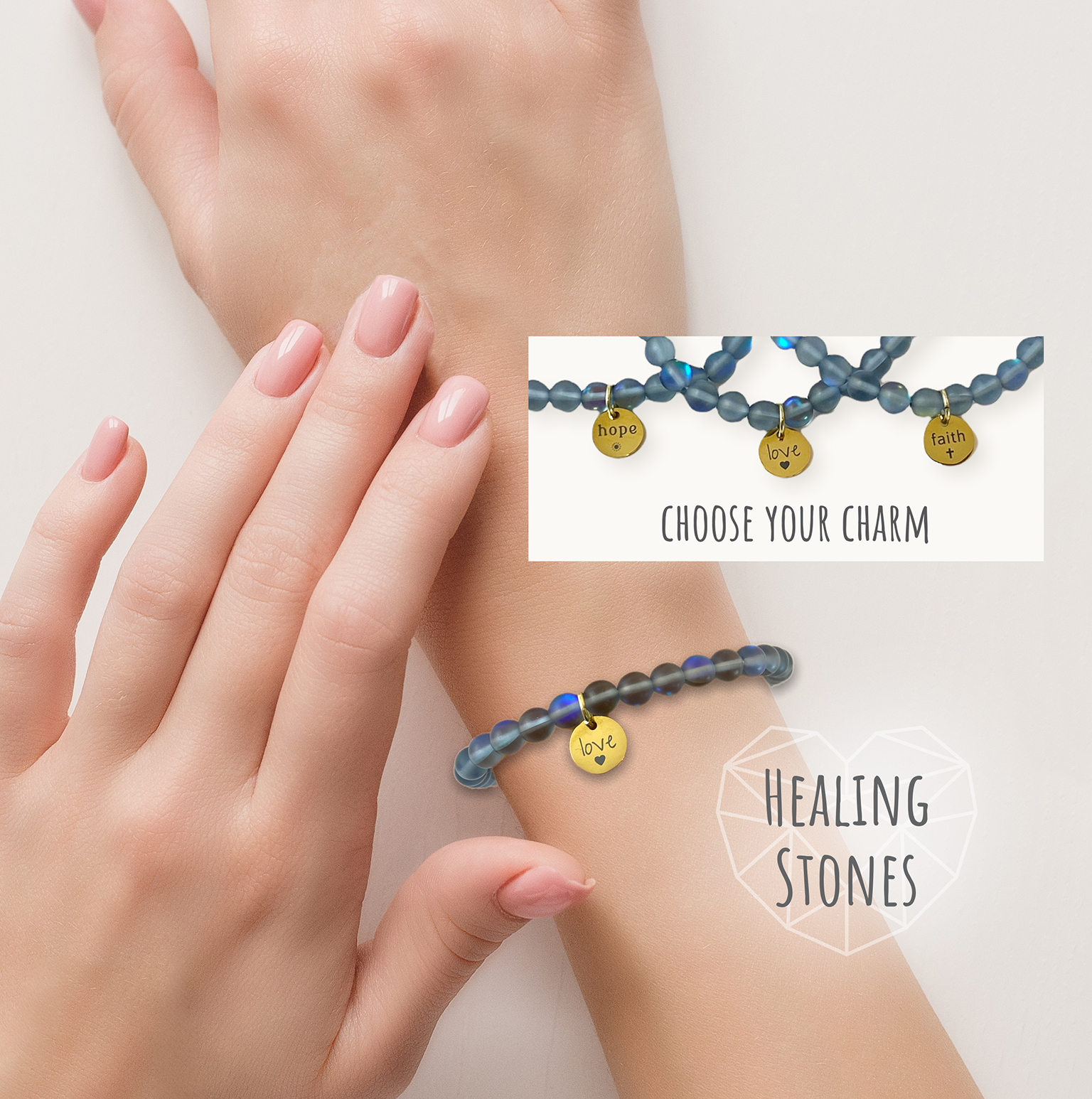 Two hands wearing a blue beaded bracelet with gold charms on a light background.
