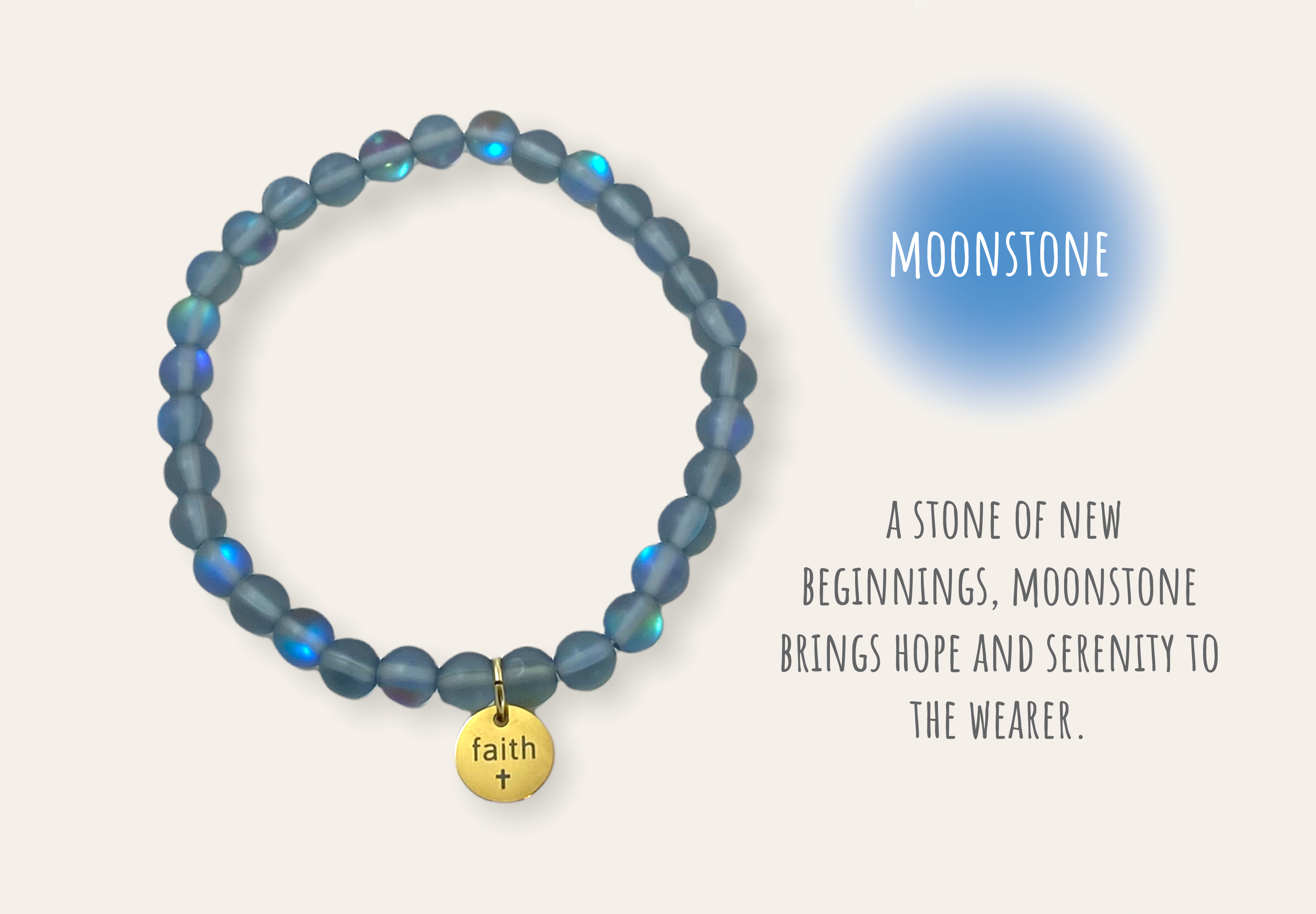 Blue beaded bracelet with a gold 'faith' charm on a light gray background