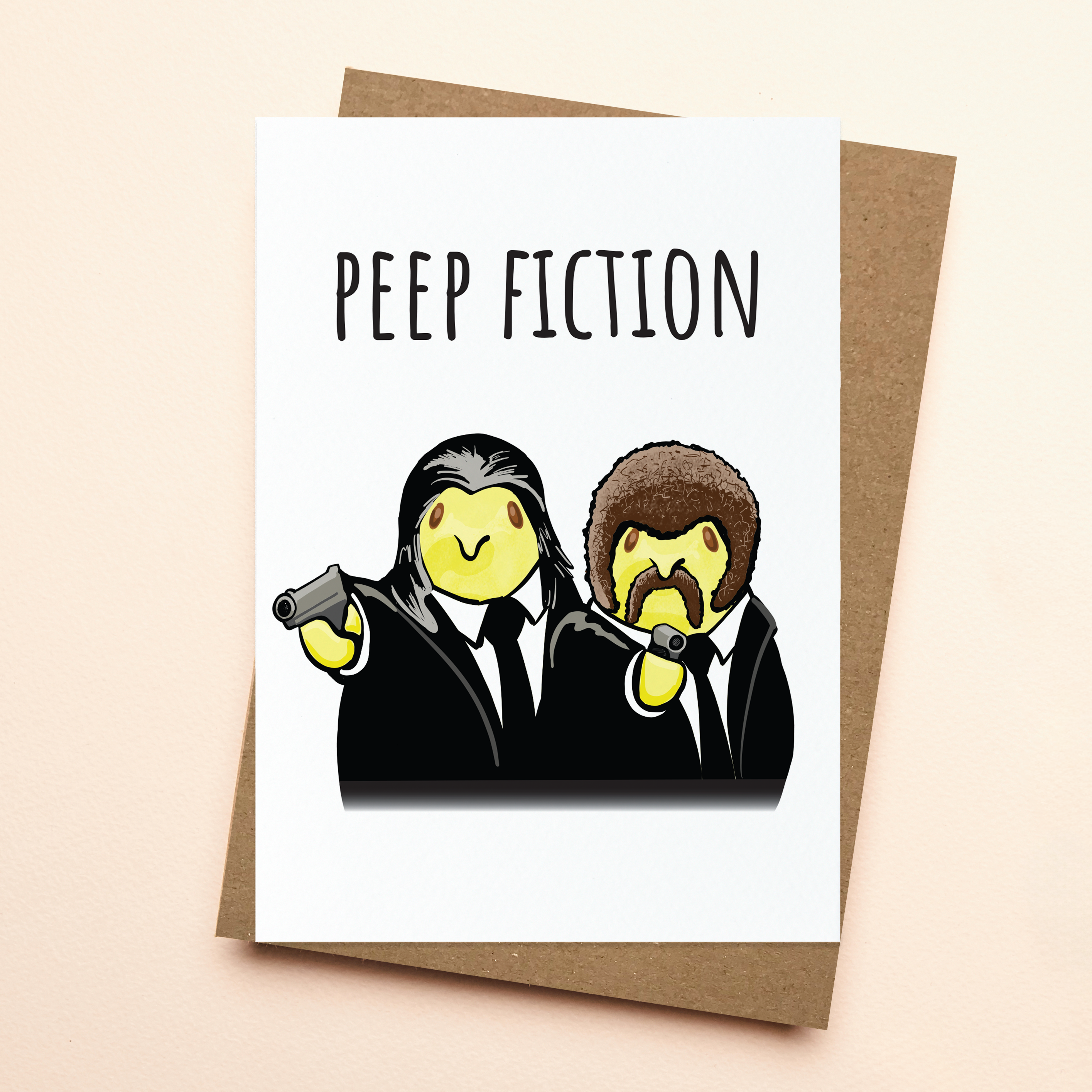 Greeting card with illustration of two characters holding guns and text 'Peep Fiction' on a beige background.