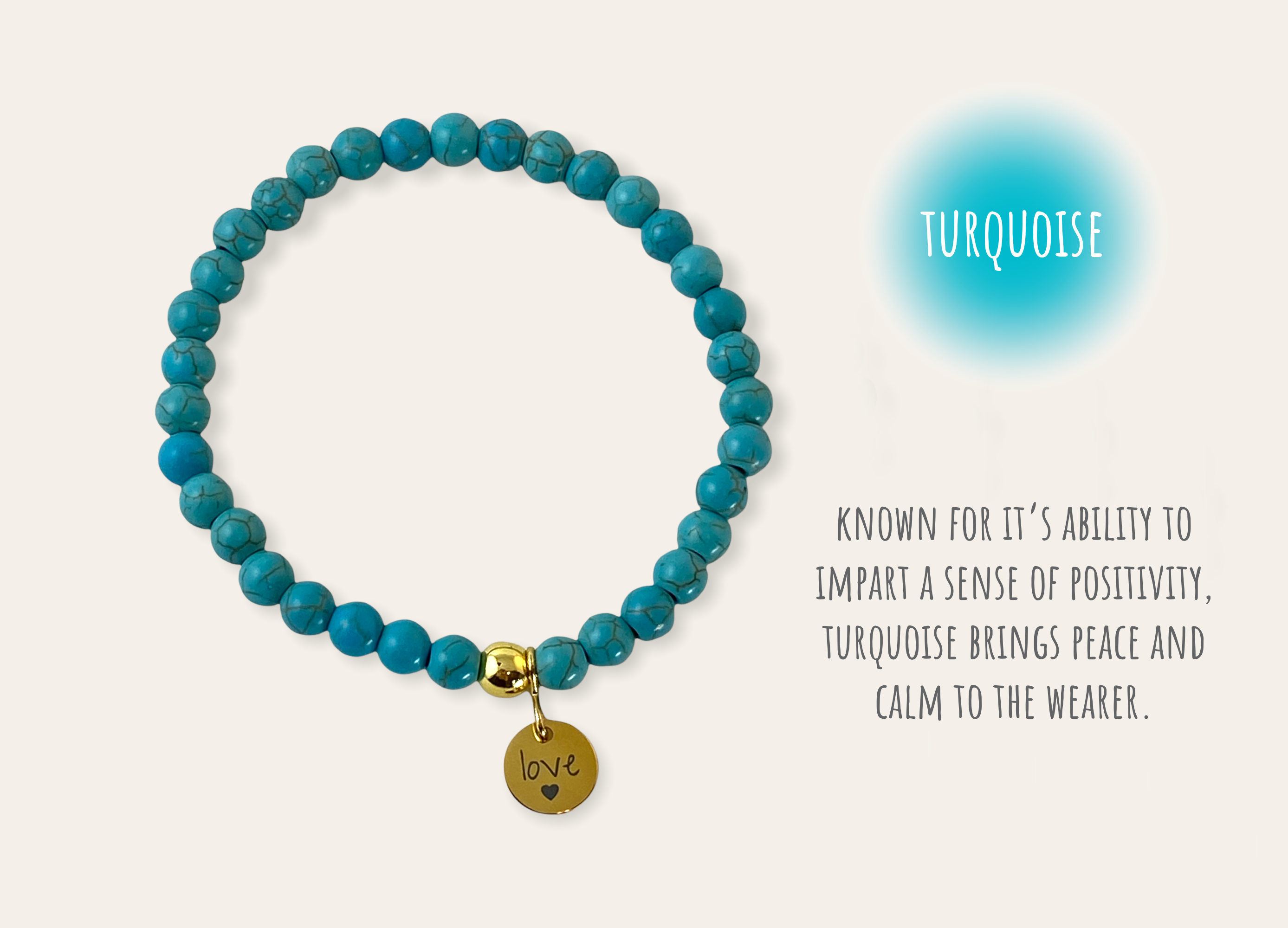 Turquoise beaded bracelet with a gold charm on a white background