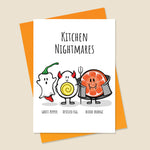 Card with cartoon food characters and 'Kitchen Nightmares' text on a beige background