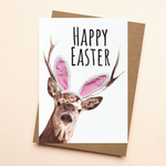 Easter card with a deer wearing bunny ears and 'Happy Easter' text on a beige background