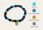 Multicolored beaded bracelet with a 'hope' charm on a white background, featuring color meanings.