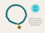 Turquoise beaded bracelet with a gold charm on a white background
